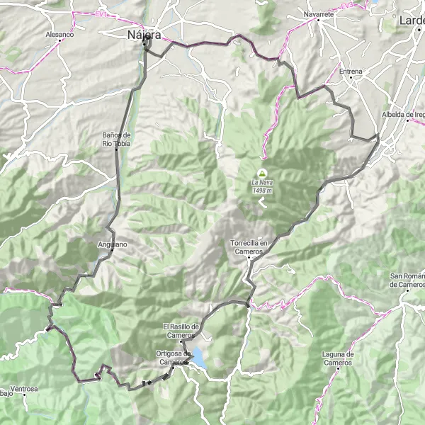 Miniatua del mapa de inspiración ciclista "Ruta de ciclismo en carretera desde Nájera" en La Rioja, Spain. Generado por Tarmacs.app planificador de rutas ciclistas