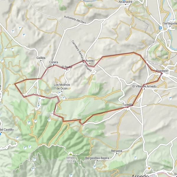 Miniatuurkaart van de fietsinspiratie "Gravelroute van Pradejón naar Tudelilla en Ausejo" in La Rioja, Spain. Gemaakt door de Tarmacs.app fietsrouteplanner