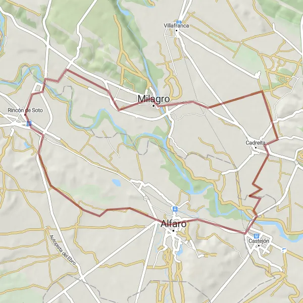 Miniatua del mapa de inspiración ciclista "Ruta de ciclismo de gravel desde Rincón de Soto - Milagro - Cadreita - Mirador del Castillo - Alfaro" en La Rioja, Spain. Generado por Tarmacs.app planificador de rutas ciclistas
