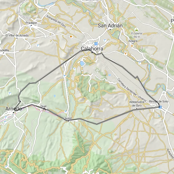 Miniatua del mapa de inspiración ciclista "Ruta de ciclismo de carretera cerca de Rincón de Soto" en La Rioja, Spain. Generado por Tarmacs.app planificador de rutas ciclistas