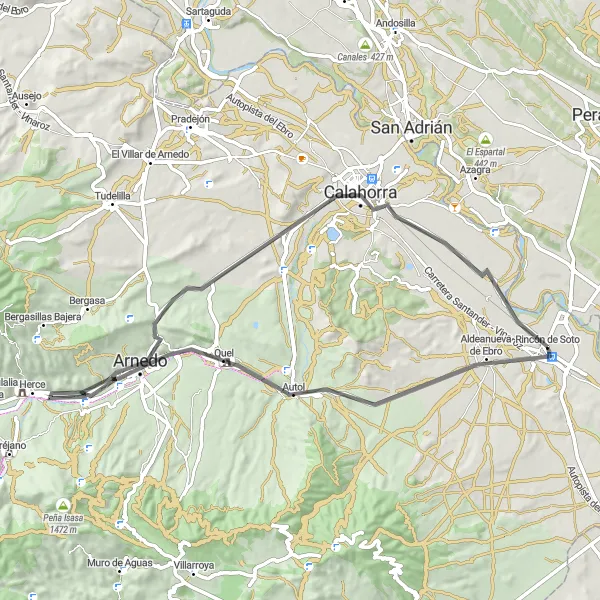 Miniatua del mapa de inspiración ciclista "Ruta de ciclismo de carretera desde Rincón de Soto - Autol - Raposal - Arnedo - Calahorra" en La Rioja, Spain. Generado por Tarmacs.app planificador de rutas ciclistas