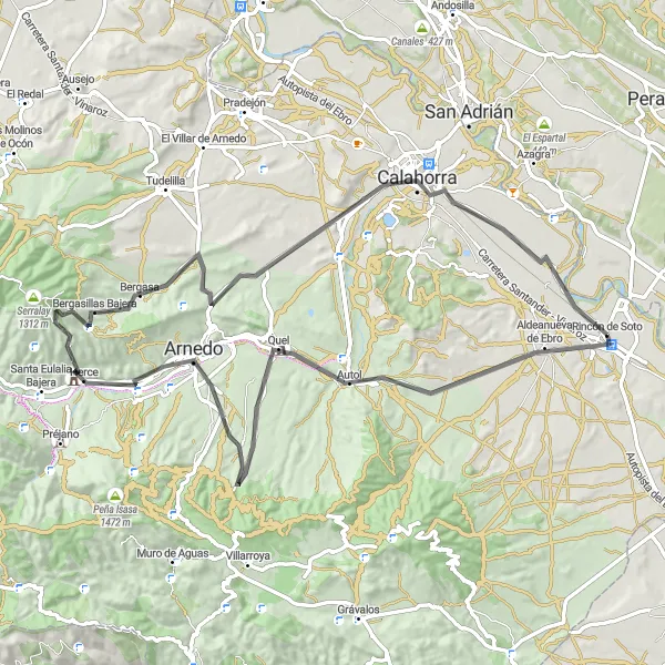 Miniatua del mapa de inspiración ciclista "Ruta de ciclismo de carretera desde Rincón de Soto - Autol - Arnedo - Cabezo Redondo - Bergasa - Calahorra" en La Rioja, Spain. Generado por Tarmacs.app planificador de rutas ciclistas