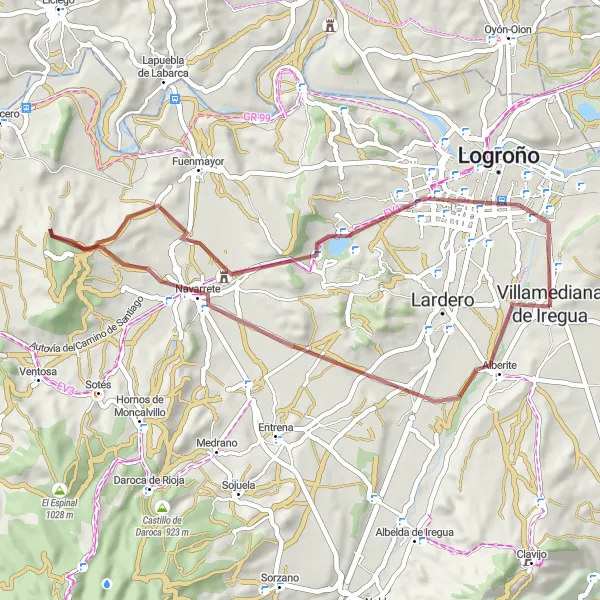 Map miniature of "Scenic Gravel Tour: Vineyards and Castles of La Rioja" cycling inspiration in La Rioja, Spain. Generated by Tarmacs.app cycling route planner