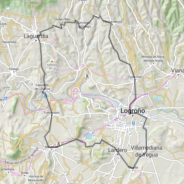 Miniatua del mapa de inspiración ciclista "Ruta en carretera cerca de Villamediana de Iregua" en La Rioja, Spain. Generado por Tarmacs.app planificador de rutas ciclistas