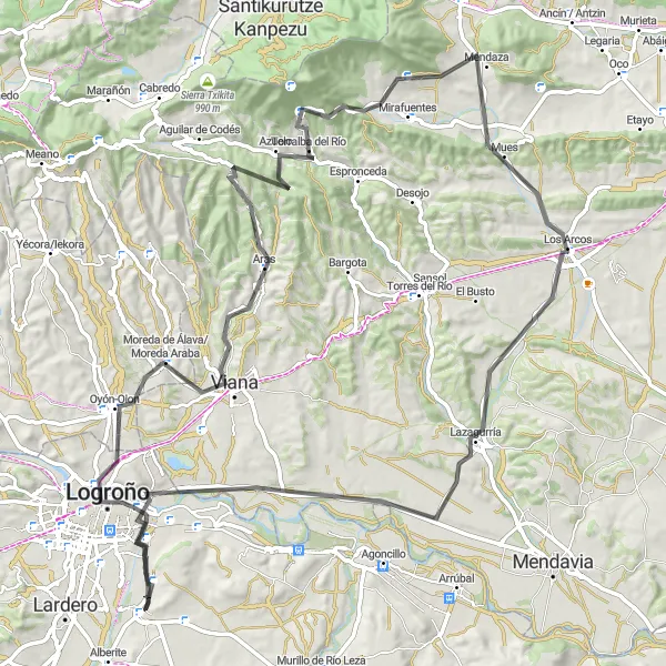 Miniatua del mapa de inspiración ciclista "Desafiante ruta en carretera cerca de Villamediana de Iregua" en La Rioja, Spain. Generado por Tarmacs.app planificador de rutas ciclistas