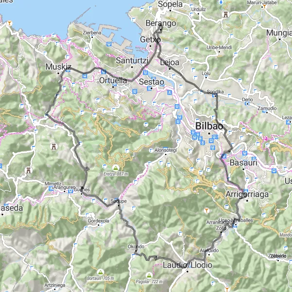 Miniatua del mapa de inspiración ciclista "Ruta desafiante de 90 km y 1615 m de ascenso en Algorta" en País Vasco, Spain. Generado por Tarmacs.app planificador de rutas ciclistas