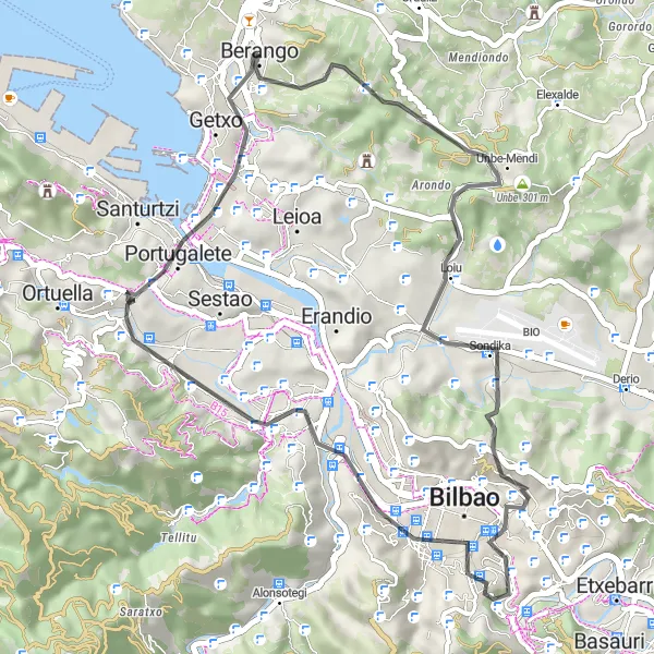 Miniatura della mappa di ispirazione al ciclismo "Road Route of Algorta to Algorta" nella regione di País Vasco, Spain. Generata da Tarmacs.app, pianificatore di rotte ciclistiche