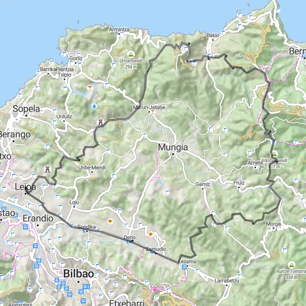 Miniatua del mapa de inspiración ciclista "Ruta de Patatala a Leioa" en País Vasco, Spain. Generado por Tarmacs.app planificador de rutas ciclistas