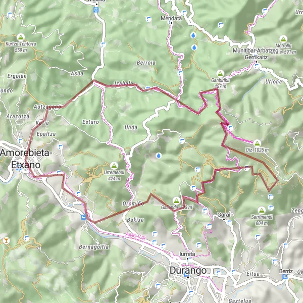 Miniatura della mappa di ispirazione al ciclismo "Giro in bicicletta da Amorebieta" nella regione di País Vasco, Spain. Generata da Tarmacs.app, pianificatore di rotte ciclistiche