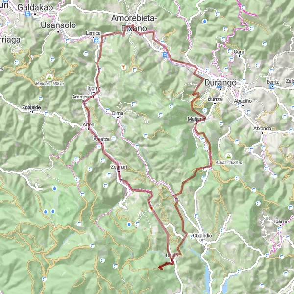 Miniaturní mapa "Gravel cyklotrasa od Amorebieta" inspirace pro cyklisty v oblasti País Vasco, Spain. Vytvořeno pomocí plánovače tras Tarmacs.app