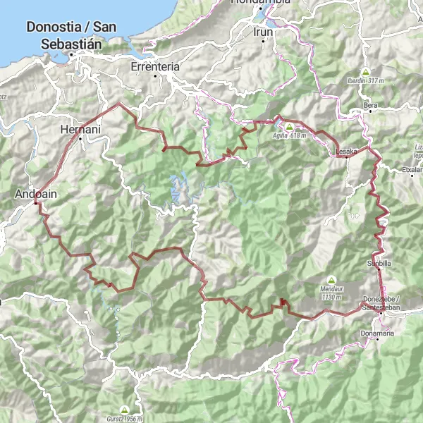 Miniatua del mapa de inspiración ciclista "Ruta de Ciclismo de Grava desde Andoain a través de Zaria y Urkamendi" en País Vasco, Spain. Generado por Tarmacs.app planificador de rutas ciclistas