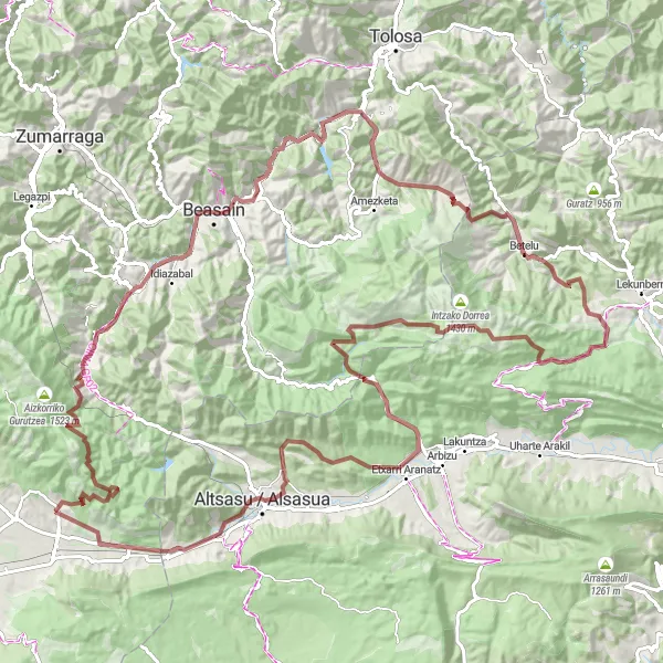 Map miniature of "Araia Gravel Challenge" cycling inspiration in País Vasco, Spain. Generated by Tarmacs.app cycling route planner