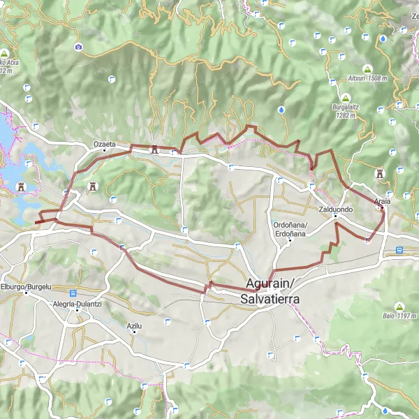 Miniaturní mapa "Zábavné kolečko kolem Araia" inspirace pro cyklisty v oblasti País Vasco, Spain. Vytvořeno pomocí plánovače tras Tarmacs.app