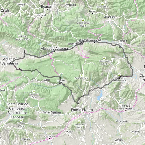 Map miniature of "Scenic Road Cycling near Araia" cycling inspiration in País Vasco, Spain. Generated by Tarmacs.app cycling route planner