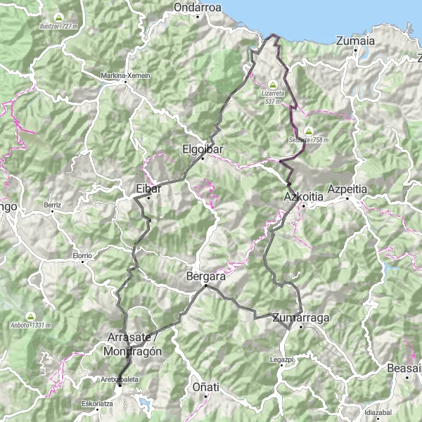 Miniaturní mapa "Road Cycling Route Aretxabaleta - Zumarraga Circuit" inspirace pro cyklisty v oblasti País Vasco, Spain. Vytvořeno pomocí plánovače tras Tarmacs.app