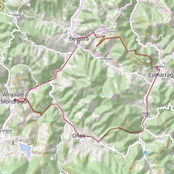 Map miniature of "Arrasate/Mondragon - San Andres gravel adventure" cycling inspiration in País Vasco, Spain. Generated by Tarmacs.app cycling route planner