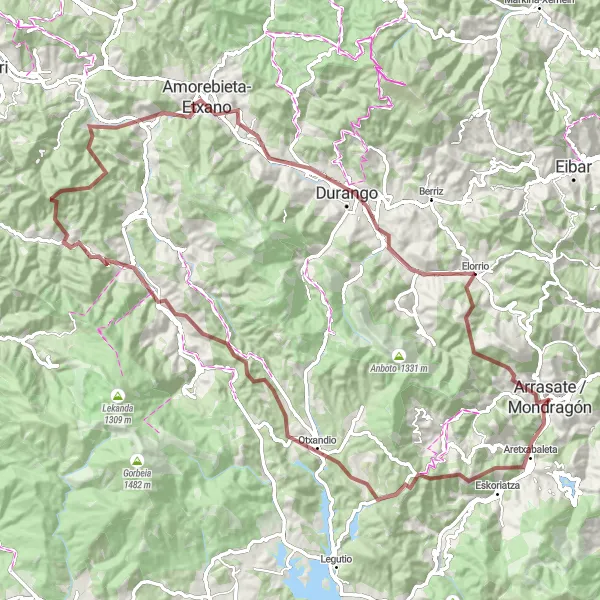 Miniaturní mapa "Gravelový okruh kolem Arrasate / Mondragón" inspirace pro cyklisty v oblasti País Vasco, Spain. Vytvořeno pomocí plánovače tras Tarmacs.app