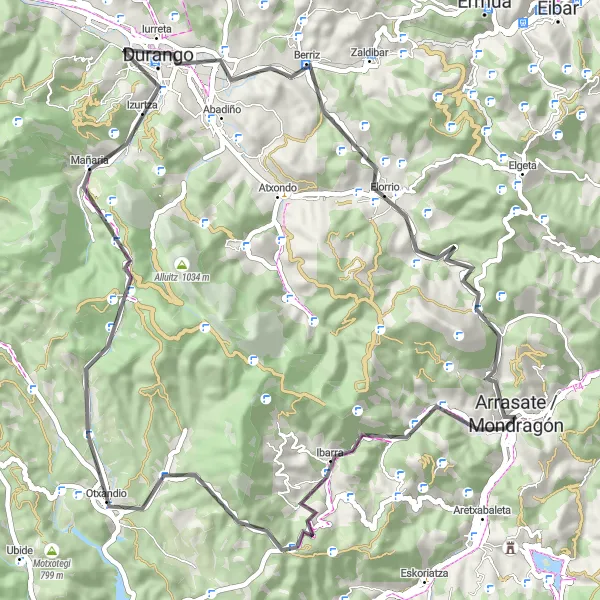 Miniatuurkaart van de fietsinspiratie "Rondrit vanuit Arrasate / Mondragón (via de weg)" in País Vasco, Spain. Gemaakt door de Tarmacs.app fietsrouteplanner