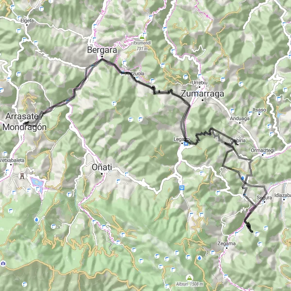 Miniatua del mapa de inspiración ciclista "Ruta en bicicleta de carretera desde Arrasate / Mondragón" en País Vasco, Spain. Generado por Tarmacs.app planificador de rutas ciclistas