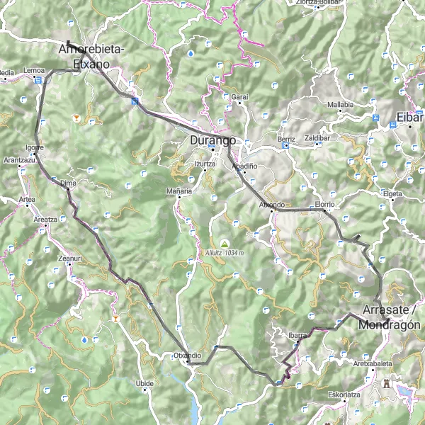 Miniature de la carte de l'inspiration cycliste "Les routes panoramiques d'Arrasate / Mondragón" dans la País Vasco, Spain. Générée par le planificateur d'itinéraire cycliste Tarmacs.app