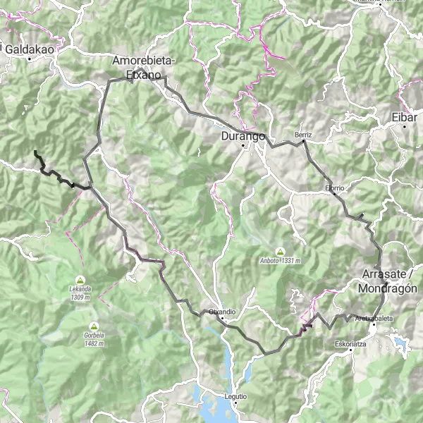 Miniaturní mapa "Okružní cyklistická trasa s výhledem na vrcholky kolem Arrasate / Mondragón" inspirace pro cyklisty v oblasti País Vasco, Spain. Vytvořeno pomocí plánovače tras Tarmacs.app