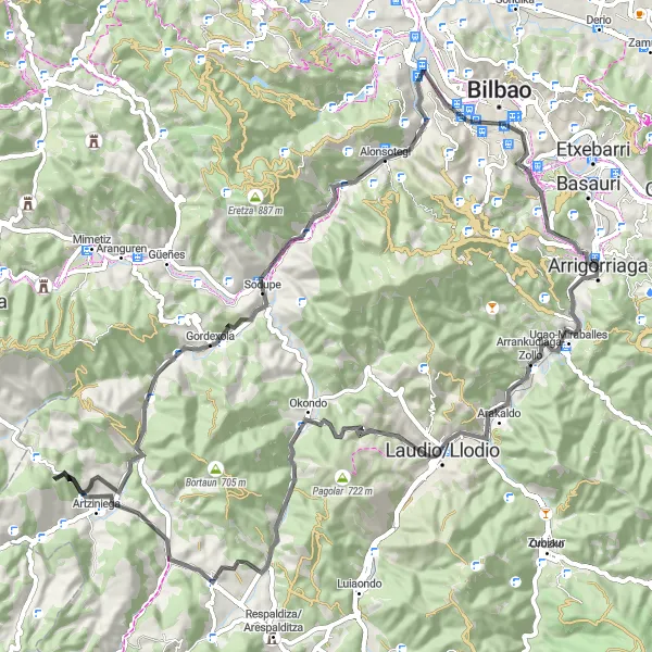 Miniatuurkaart van de fietsinspiratie "Arrigorriaga - Rondje Arakaldo" in País Vasco, Spain. Gemaakt door de Tarmacs.app fietsrouteplanner