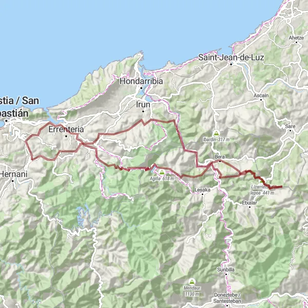 Miniatuurkaart van de fietsinspiratie "Rondrit Astigarraga - Gravel - 2765 m stijgen - 93 km" in País Vasco, Spain. Gemaakt door de Tarmacs.app fietsrouteplanner