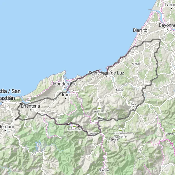 Miniature de la carte de l'inspiration cycliste "Route panoramique du Pays Basque" dans la País Vasco, Spain. Générée par le planificateur d'itinéraire cycliste Tarmacs.app