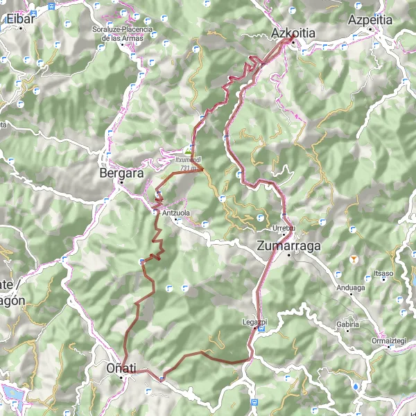Miniatura della mappa di ispirazione al ciclismo "Gravel ride through Basque Country hills" nella regione di País Vasco, Spain. Generata da Tarmacs.app, pianificatore di rotte ciclistiche