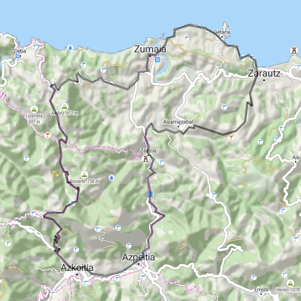 Miniatua del mapa de inspiración ciclista "Ruta en Bicicleta de carretera desde Azkoitia" en País Vasco, Spain. Generado por Tarmacs.app planificador de rutas ciclistas