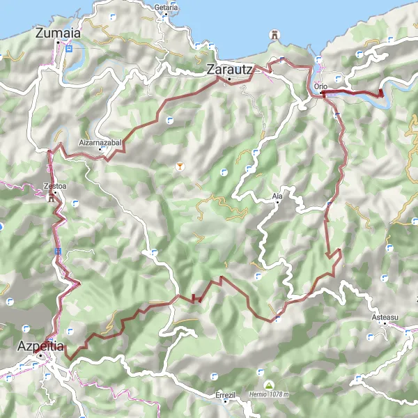 Map miniature of "Gravel Adventure around Azpeitia" cycling inspiration in País Vasco, Spain. Generated by Tarmacs.app cycling route planner