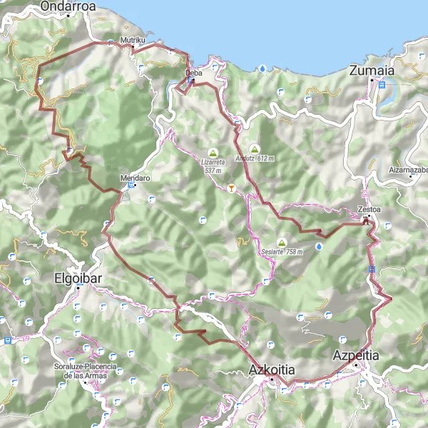 Miniatua del mapa de inspiración ciclista "Ruta en bicicleta de grava desde Azpeitia" en País Vasco, Spain. Generado por Tarmacs.app planificador de rutas ciclistas