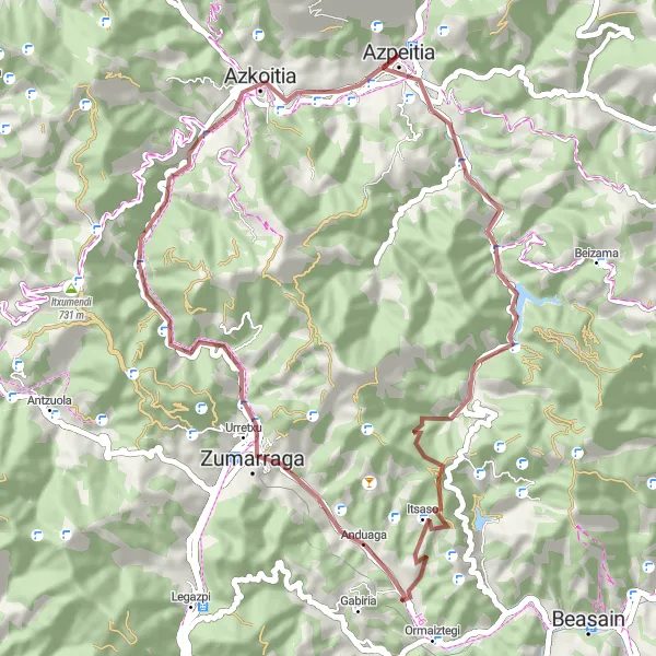 Miniaturní mapa "Gravelová cesta kolem Azpeitia" inspirace pro cyklisty v oblasti País Vasco, Spain. Vytvořeno pomocí plánovače tras Tarmacs.app