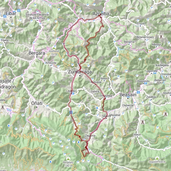 Miniaturní mapa "Gravelová trasa v okolí Azpeitia" inspirace pro cyklisty v oblasti País Vasco, Spain. Vytvořeno pomocí plánovače tras Tarmacs.app