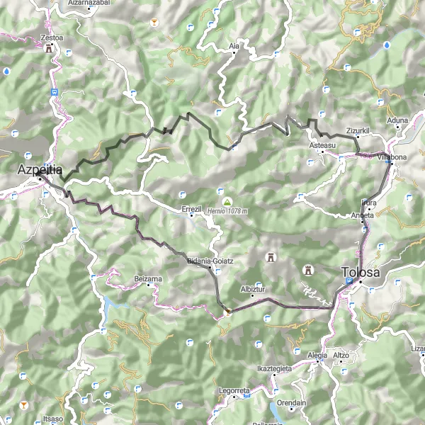Miniatua del mapa de inspiración ciclista "Ruta en bicicleta de carretera desde Azpeitia" en País Vasco, Spain. Generado por Tarmacs.app planificador de rutas ciclistas