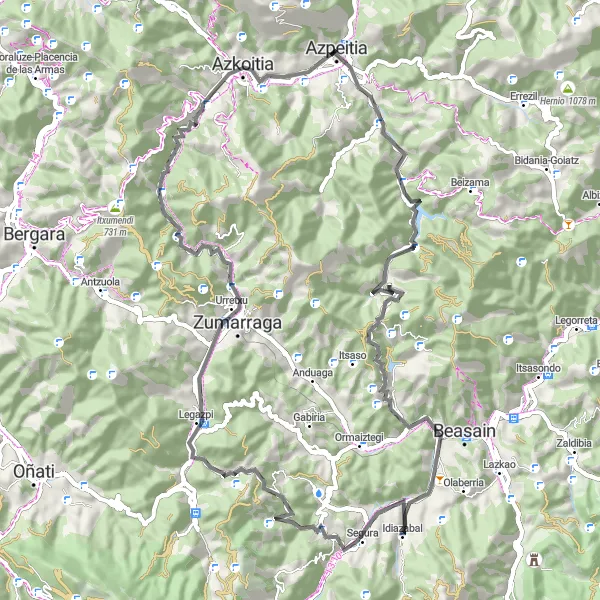 Miniature de la carte de l'inspiration cycliste "Le tour des collines basques" dans la País Vasco, Spain. Générée par le planificateur d'itinéraire cycliste Tarmacs.app