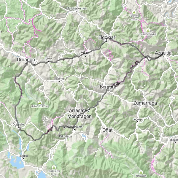 Miniaturní mapa "Epic Mountain Road Circuit from Azpeitia" inspirace pro cyklisty v oblasti País Vasco, Spain. Vytvořeno pomocí plánovače tras Tarmacs.app