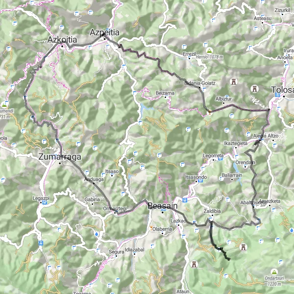 Map miniature of "The Zestful Bidania-Goiatz Loop" cycling inspiration in País Vasco, Spain. Generated by Tarmacs.app cycling route planner