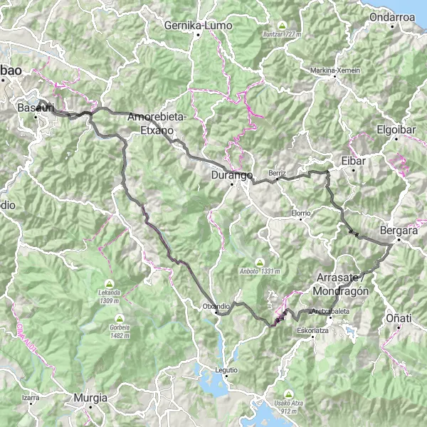 Miniatura della mappa di ispirazione al ciclismo "Giro in bicicletta a Basauri - Mondragón" nella regione di País Vasco, Spain. Generata da Tarmacs.app, pianificatore di rotte ciclistiche