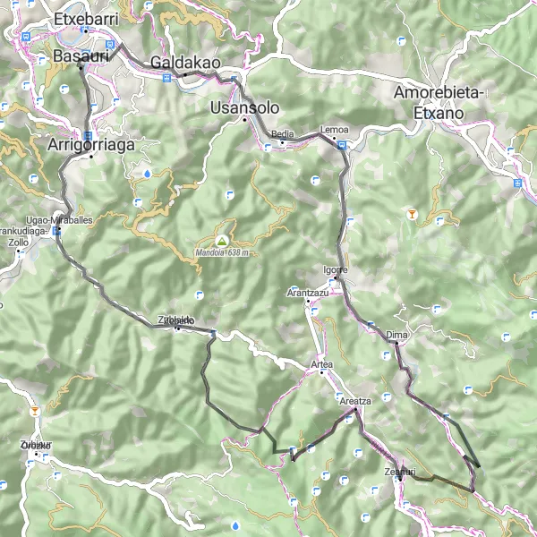 Map miniature of "Basauri Circular Road Route" cycling inspiration in País Vasco, Spain. Generated by Tarmacs.app cycling route planner