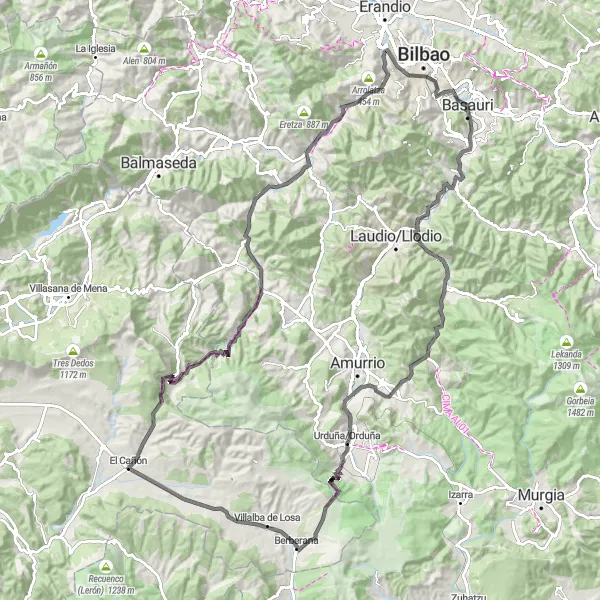 Map miniature of "Bilbao and its Surroundings" cycling inspiration in País Vasco, Spain. Generated by Tarmacs.app cycling route planner