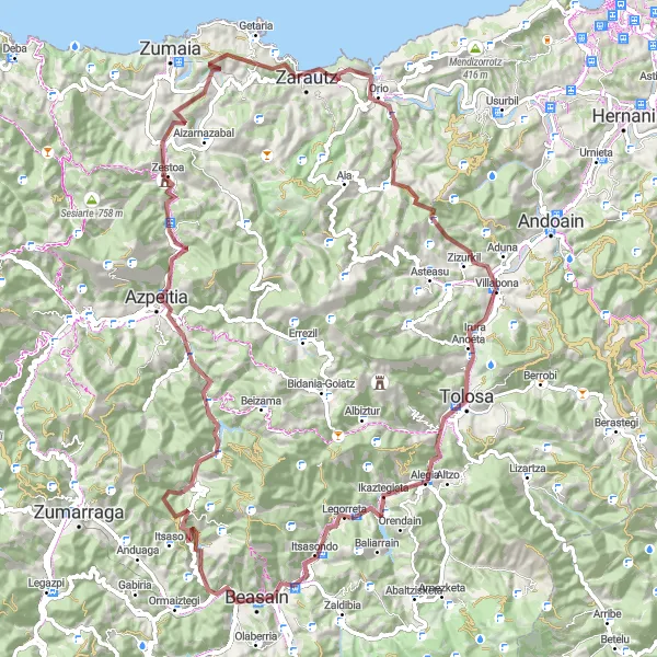 Miniatua del mapa de inspiración ciclista "Ruta en bicicleta de grava hacia Txarabeltz" en País Vasco, Spain. Generado por Tarmacs.app planificador de rutas ciclistas