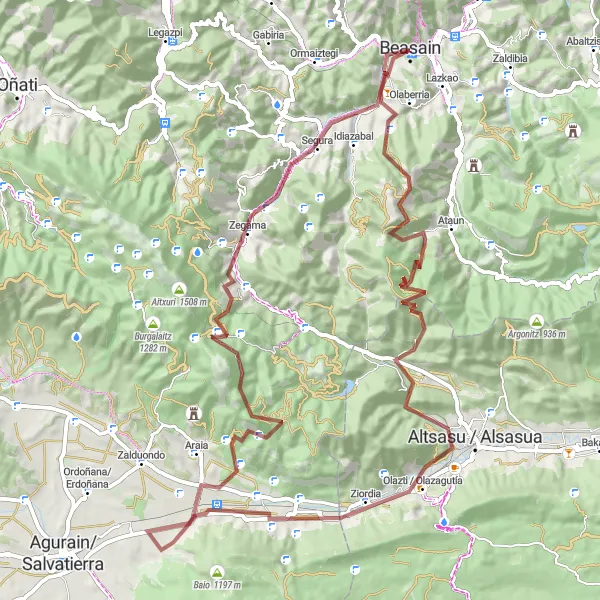 Map miniature of "Beasain Gravel Adventure" cycling inspiration in País Vasco, Spain. Generated by Tarmacs.app cycling route planner