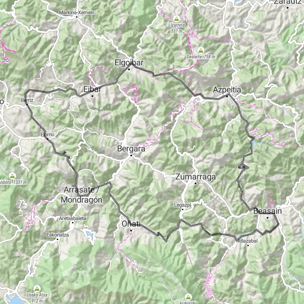 Miniaturní mapa "Road: Beasain - Azpeitia loop" inspirace pro cyklisty v oblasti País Vasco, Spain. Vytvořeno pomocí plánovače tras Tarmacs.app