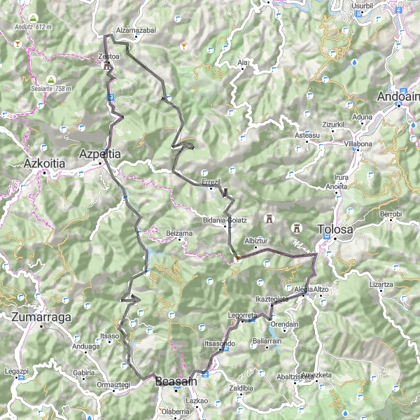 Miniatura mapy "Trasa szosowa od Beasain do Txarabeltz przez Azpeitia, Ertxiña, Errezil, Akutu, Alegia i Altzagarate" - trasy rowerowej w País Vasco, Spain. Wygenerowane przez planer tras rowerowych Tarmacs.app