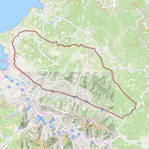 Miniatura della mappa di ispirazione al ciclismo "Strada Gravel attraverso Urduliz e Derio" nella regione di País Vasco, Spain. Generata da Tarmacs.app, pianificatore di rotte ciclistiche