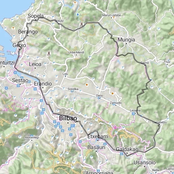 Map miniature of "Berango Road Explorer" cycling inspiration in País Vasco, Spain. Generated by Tarmacs.app cycling route planner