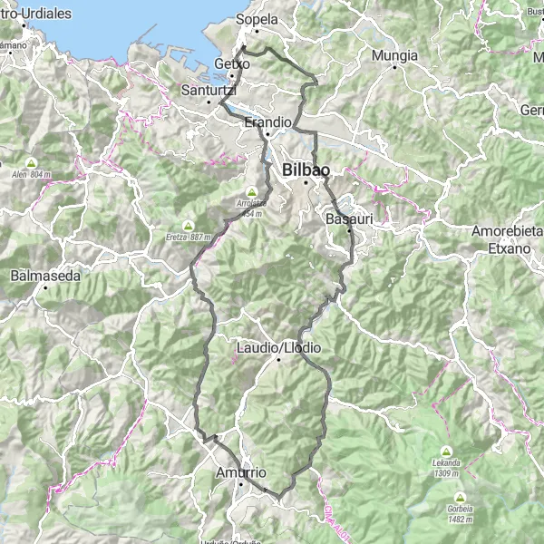 Map miniature of "Scenic Road Adventure from Berango" cycling inspiration in País Vasco, Spain. Generated by Tarmacs.app cycling route planner