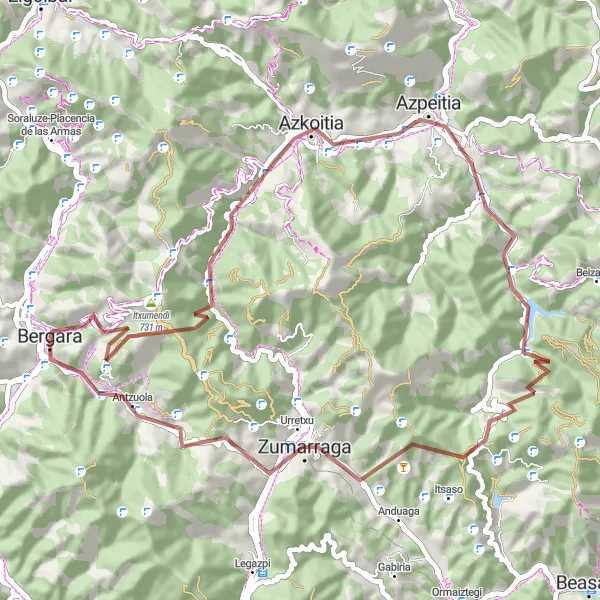 Miniatua del mapa de inspiración ciclista "Ruta de ciclo turismo alrededor de Bergara" en País Vasco, Spain. Generado por Tarmacs.app planificador de rutas ciclistas