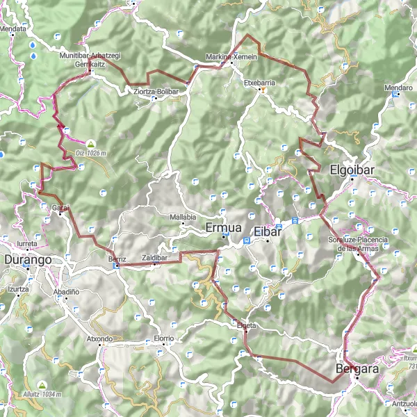 Miniatura della mappa di ispirazione al ciclismo "Avventura gravel attraverso Areitio e Kalamua" nella regione di País Vasco, Spain. Generata da Tarmacs.app, pianificatore di rotte ciclistiche